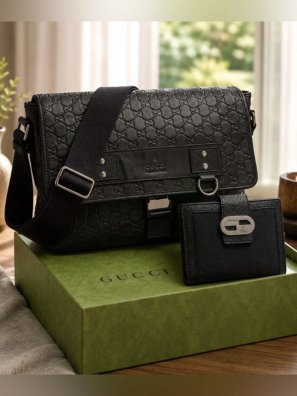 SALE - Gucci Black Messenger Bag with Gucci Wallet and Gucci Box!!